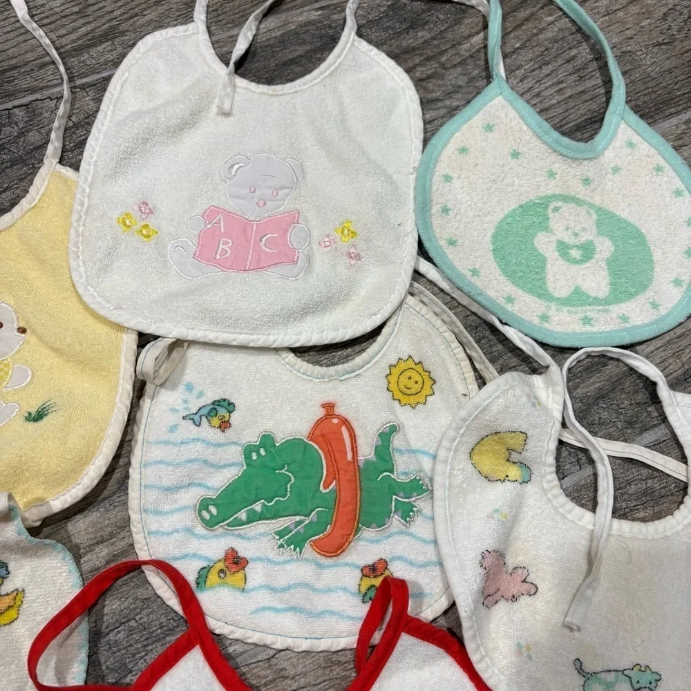Lot Of 7 Vtg Baby Bibs 90s Terry Cloth Playskool Animals Bear Alligator Hippo